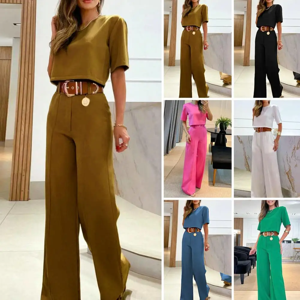 2 Pcs/Set Women T-shirt Pants Set Round Neck Short Sleeves Straight Loose Dress-up Wide Leg OL Style Commute Lady Top Pants Set