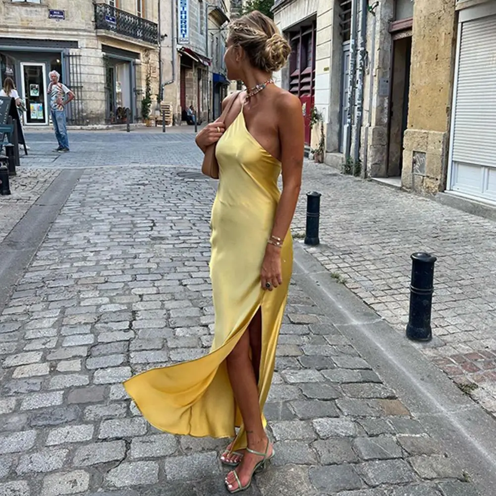 

Silk Elegant Maxi Dress Women Stunning Incline Shoulder Backless Open Back Design Long Dress Side Slit High Street Robe