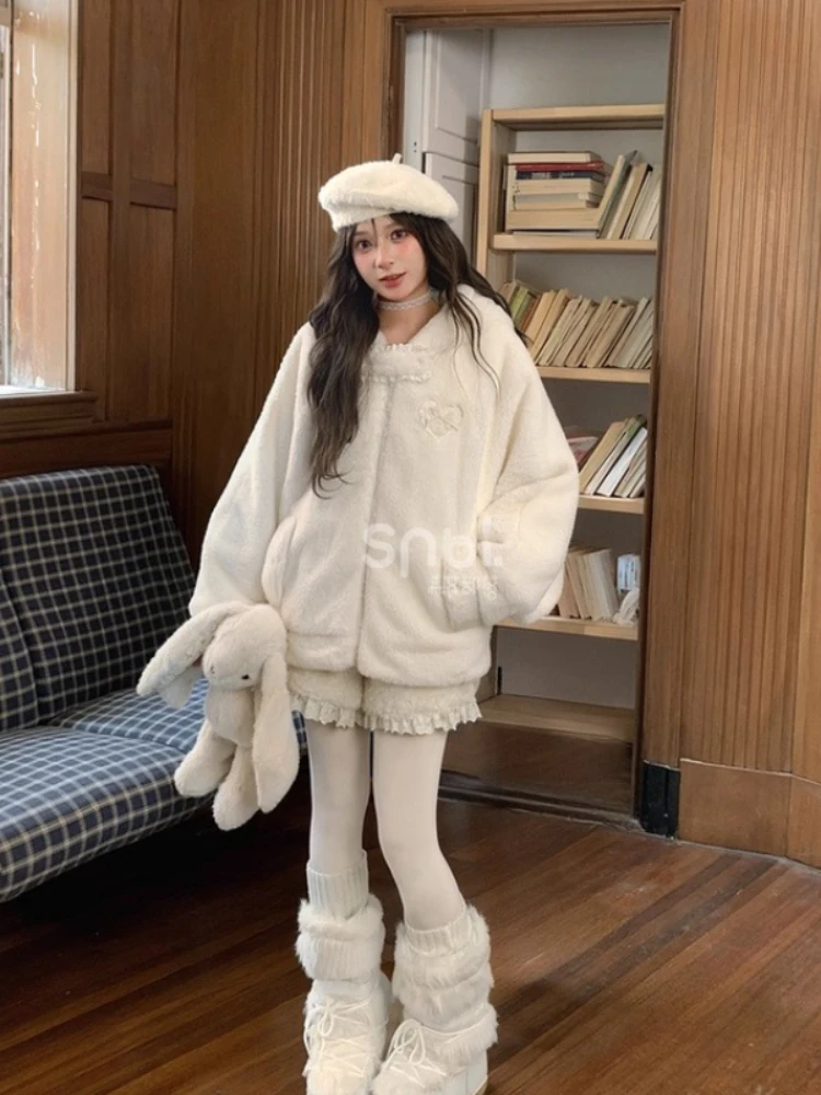 Süße süße Mädchen Kaninchen Ohr mit Kapuze Fleece Hoodies Sweatshirt verdickt warm vielseitig lose weiße kurze Jacke Mantel Frauen Winter