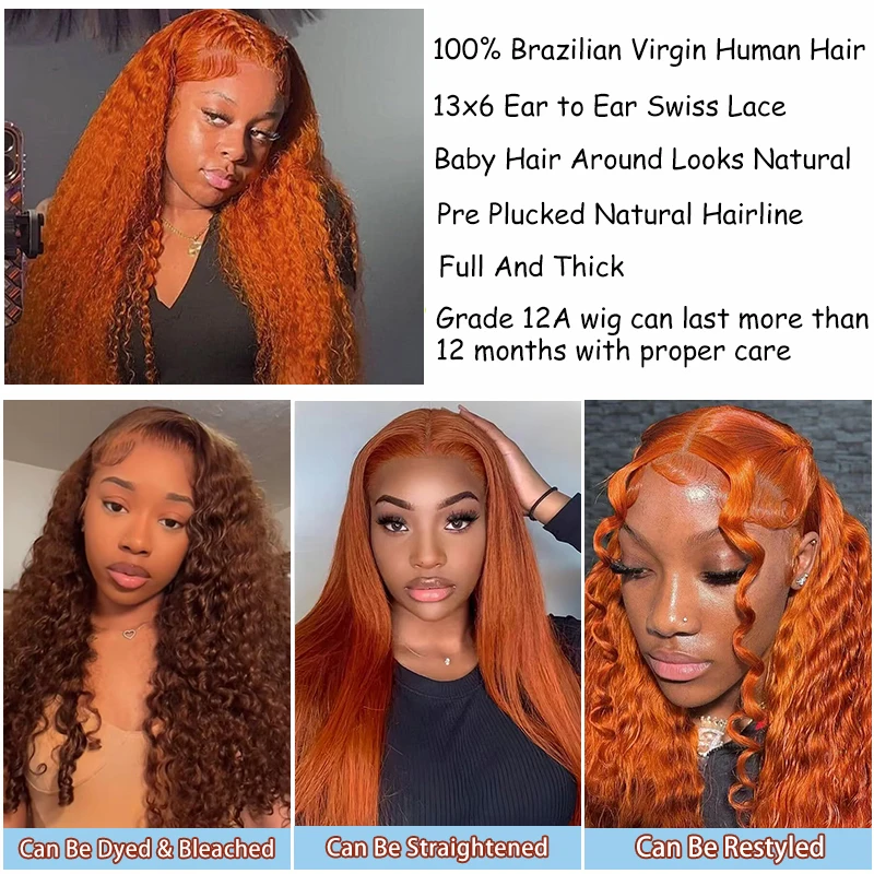 الزنجبيل باروكة من شعر طبيعي 13x6 الزنجبيل البرتقالي موجة عميقة الدانتيل الجبهة الباروكات شعر الإنسان شعر مستعار مجعد البرازيلي شعر ريمي للنساء 350 اللون