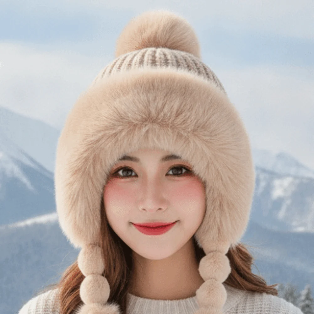 Fleece Lined Pompom Braids Hat Striped Knit Soft Yarn Fur Trim Trapper Fur Brim Thermal Earflap Winter Cap Students