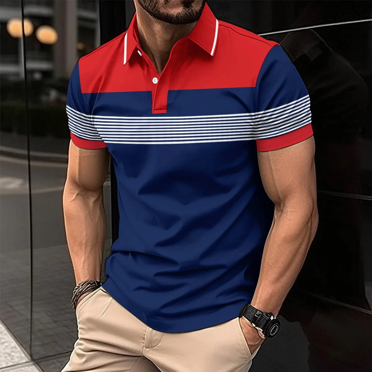 Summer men's polo shirt, golf color blocked 3D printed business casual short sleeved T-shirt, European and American polo shirt