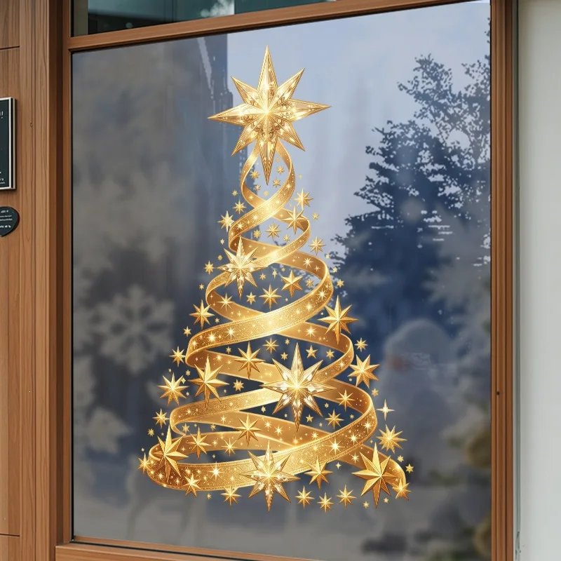 Golden Christmas Tree PVC Static Window Sticker 2025 New Year Home Room Store Art Decorations Adhesive Stickers Atmosphere Props