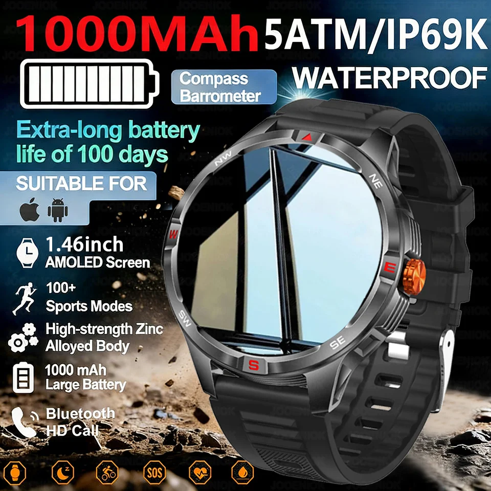 

Новые смарт-часы 2026 года для активного отдыха с аккумулятором 1000 мАч, экраном 1,46 дюйма, водонепроницаемостью 10ATM, голосовыми вызовами, GPS и фитнес-трекером для мужчин