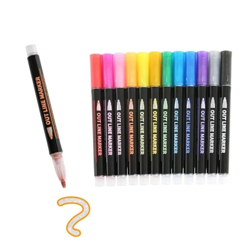Highlighter Stationery Double Line Contour Pen 12 Colors Dream Double Line Pen Contour Pen Fluorescent Doodling Pen Learning