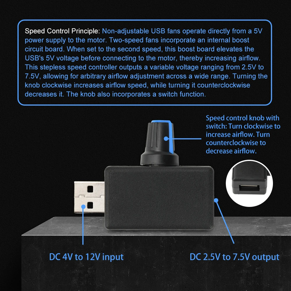Regolatore di velocità della ventola Mini USB da 5 W Regolatore del flusso d'aria Modulo regolabile multivelocità silenzioso Ingresso DC 4-12 V Uscita DC 2.5-7.5 V
