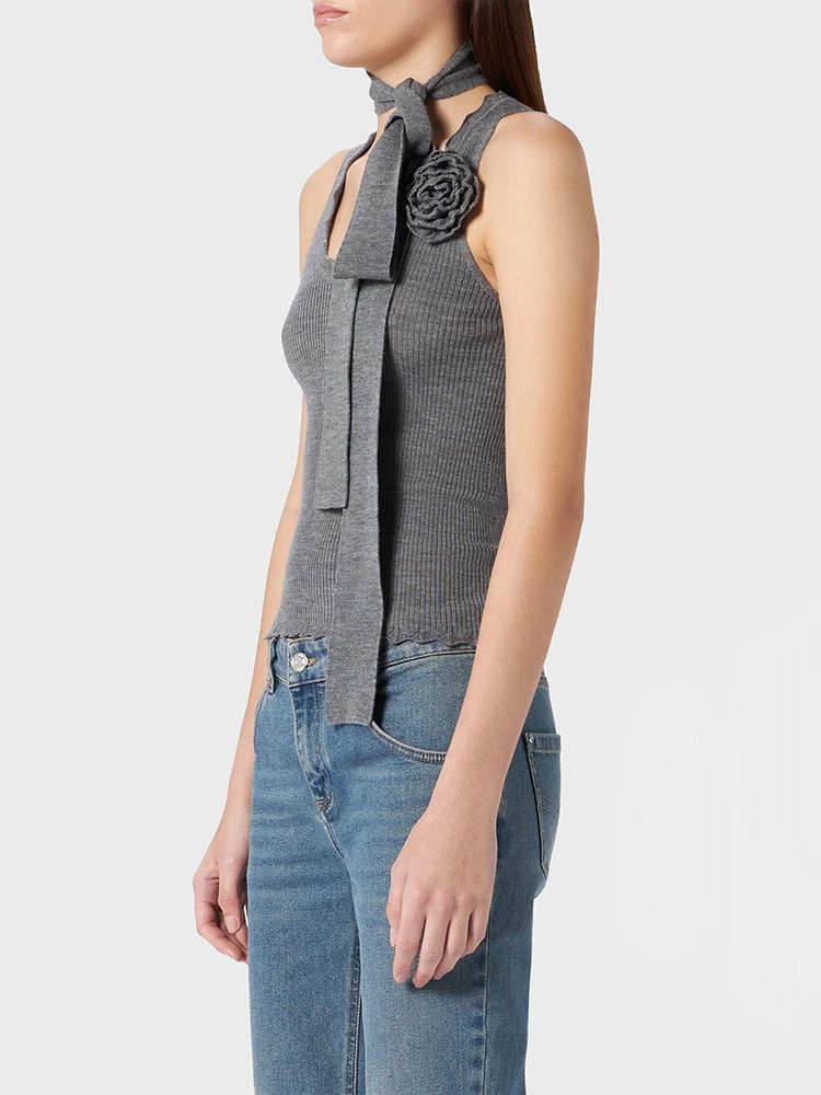 Gray Knit Sleeveless Vest y2k Gas Scarf Style Flutter Belt Stereoscopic Flower Decoration Stretch Slim Women's Tops 2024 New