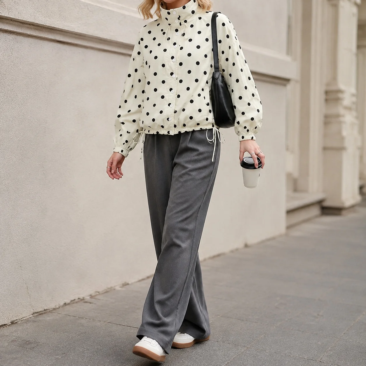 Casual Loose Fit Coat with Stand Collar Drop Shoulder Sleeve Long Sleeve Single Breasted Multi Button Women Autumn Jacket