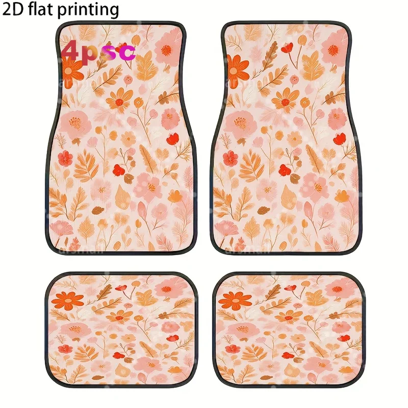 4pcs Car Floor Mats, Pink-Orange Floral Leaf Background Pattern, Universal Car Mats, Material, Easy To Clean, Car Interior Acces