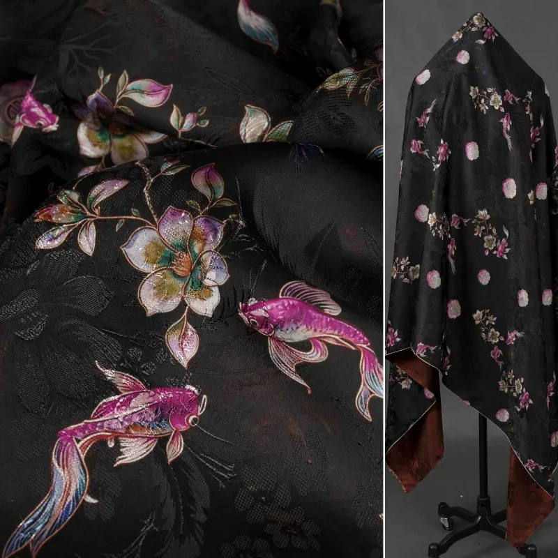 Vintage Black Brocaded Carp Magnolia Brocade Jacquard Fabric Chinese Style Dress Hanfu Curtain Tablecloth Designer Clothing