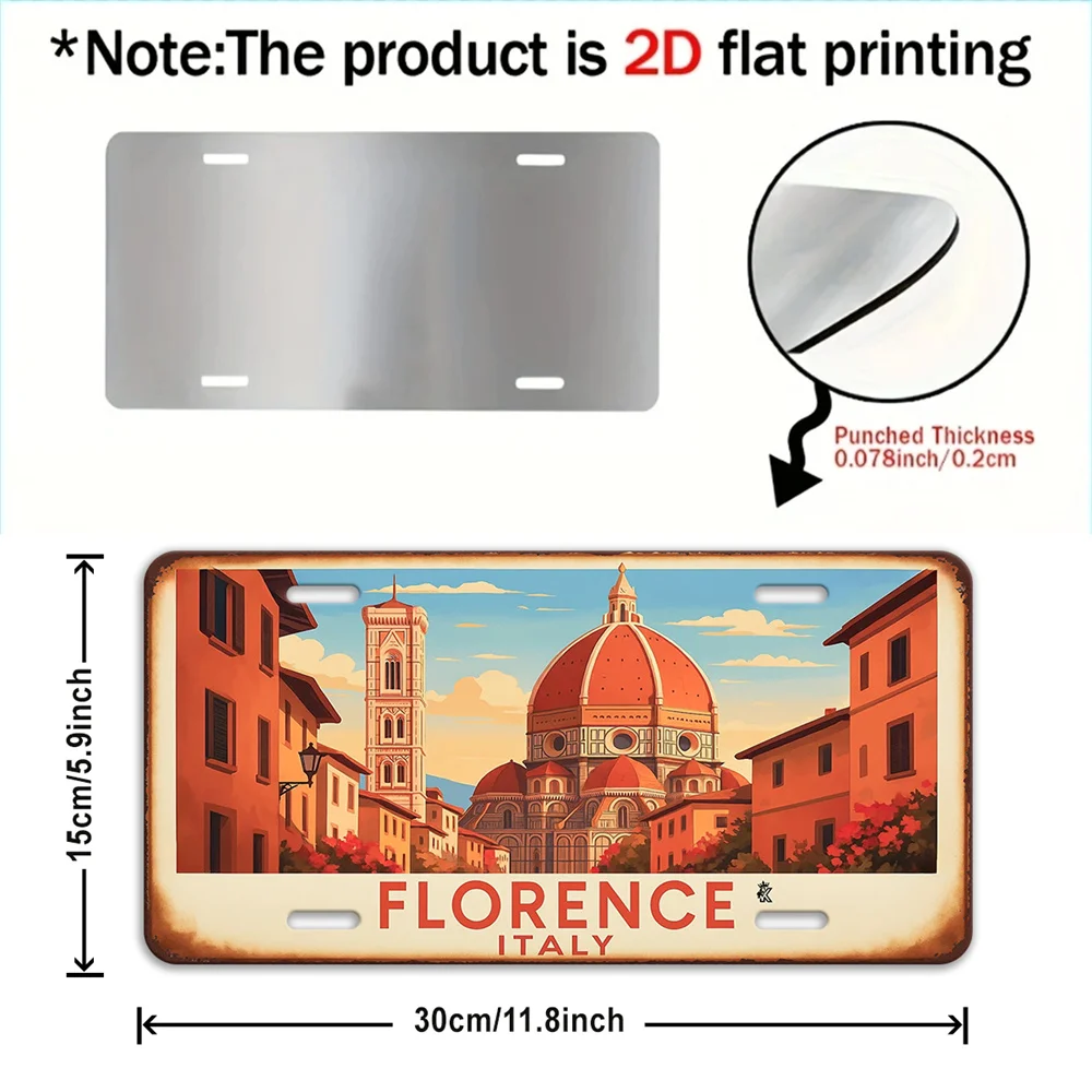 2D Flat, 1pc Florence Italy Aluminum Plate, Cathedral Street Scene Retro Metal Sign with Aged Texture, Outdoor Wall Decoration