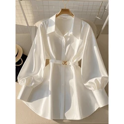 Bomon 2000's French style waistcoat light luxury high fashion white long sleeve shirt women's early autumn Korean lantern sleeve