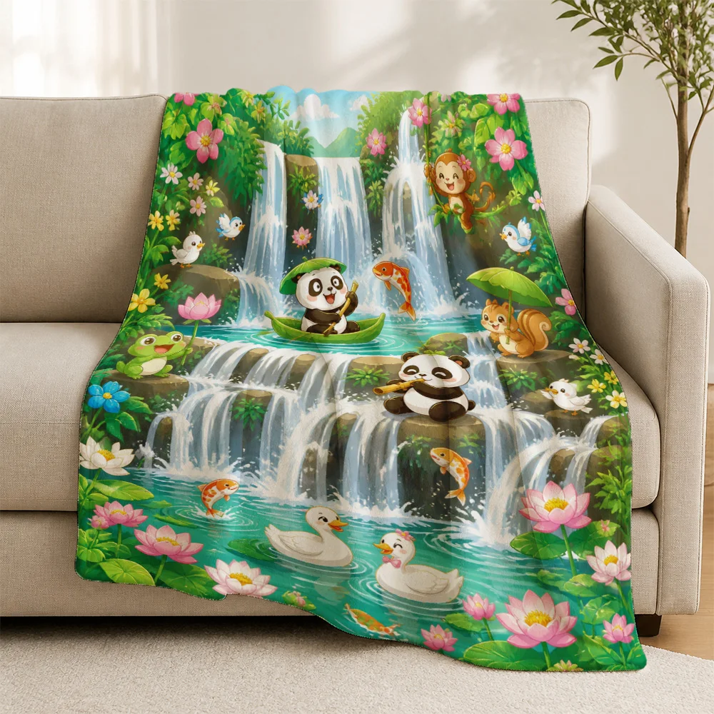 Adorable Wildlife Panda Duck Waterfall Throw Blanket Sofa Couch Decor Cute Woodland Nature Print Fleece Nursery Kids Room Cozy G