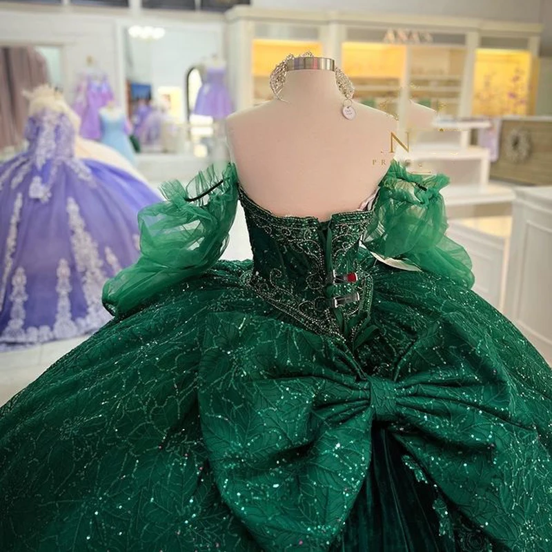 EVLAST-vestido de quinceañera verde esmeralda brillante, traje de baile con Apliques de encaje, cuentas, dulce 16, 15 Años, TQD031