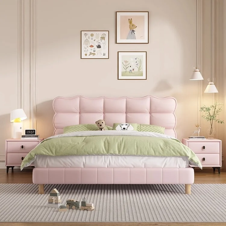 Modern Italian Wooden Children's Bedroom Bed 1.5m & 1.8m Pink Princess Upholstered Backrest Black