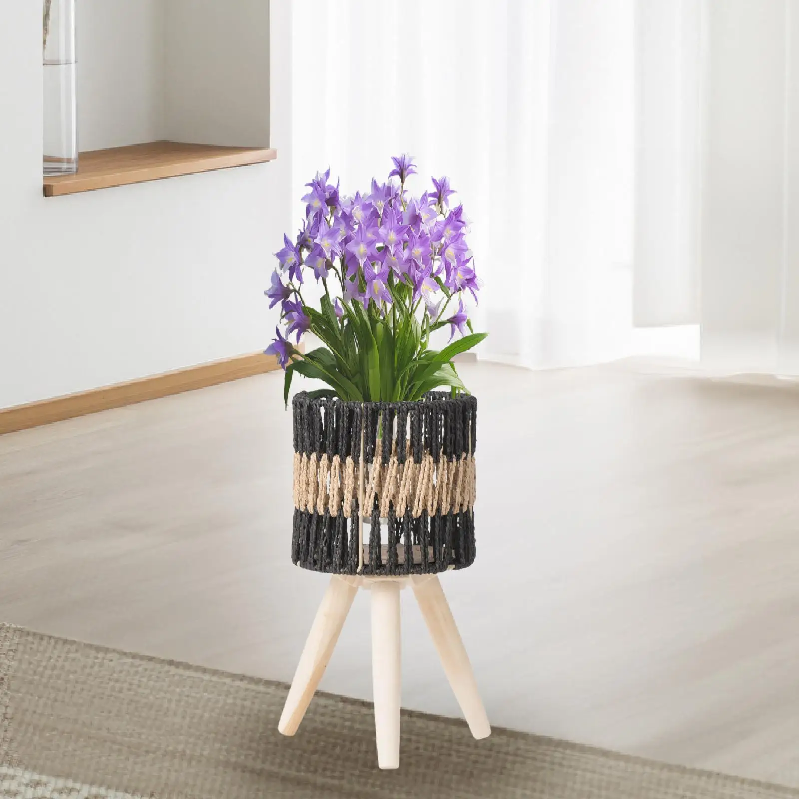 Floor Planters with Paper Cable Basket Flowerpot Multifunctional for Living Room Wooden Legs Rustic