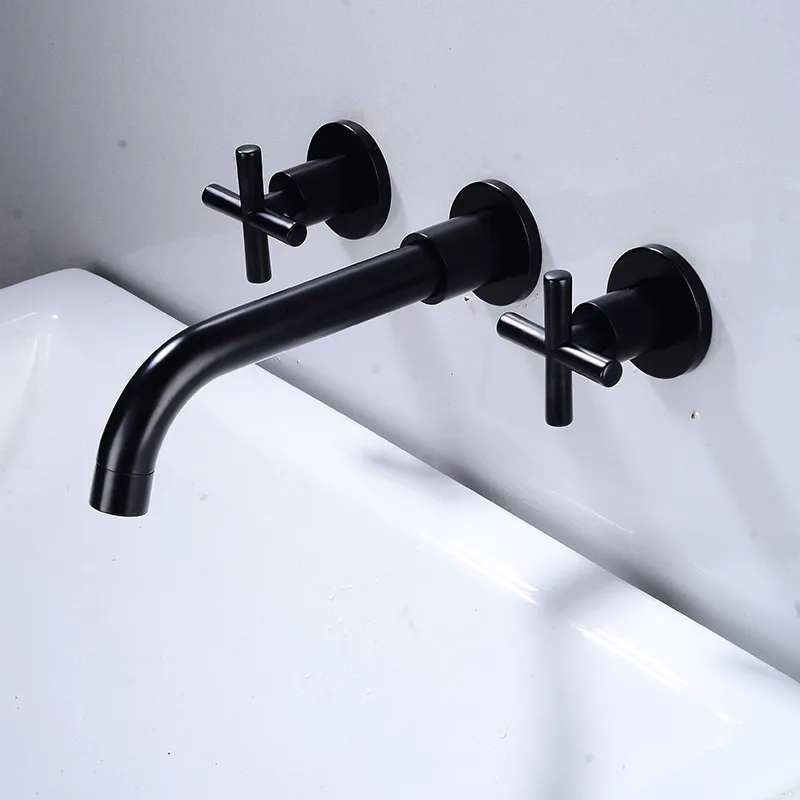 

Antique Black Brass Bathroom Basin Faucet Concealed Wall Mounted Double Cross Handles Hot Cold Sink Mixer Tap 360 Swivel Spout