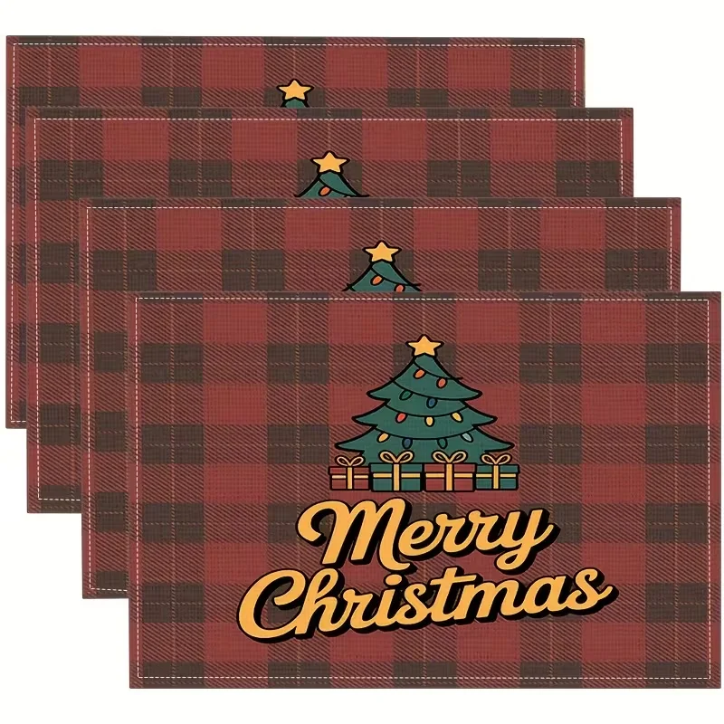 Buffalo Plaid Christmas Placemats Red Black Check Xmas Tree Gift Print Table Mats Winter Holiday Dining Kitchen Table Decor