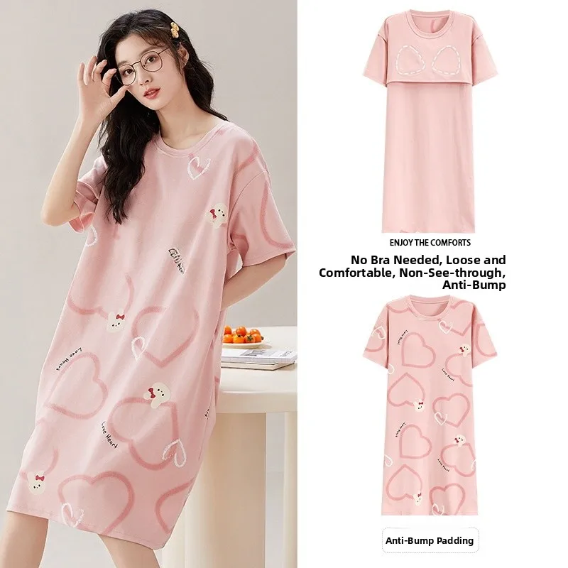 

Cotton Short Sleeve Sleepwear Women's Summer Outfit Cartoon Cute Home Clothes External Wear Breathable Nightgown with Chest Pad