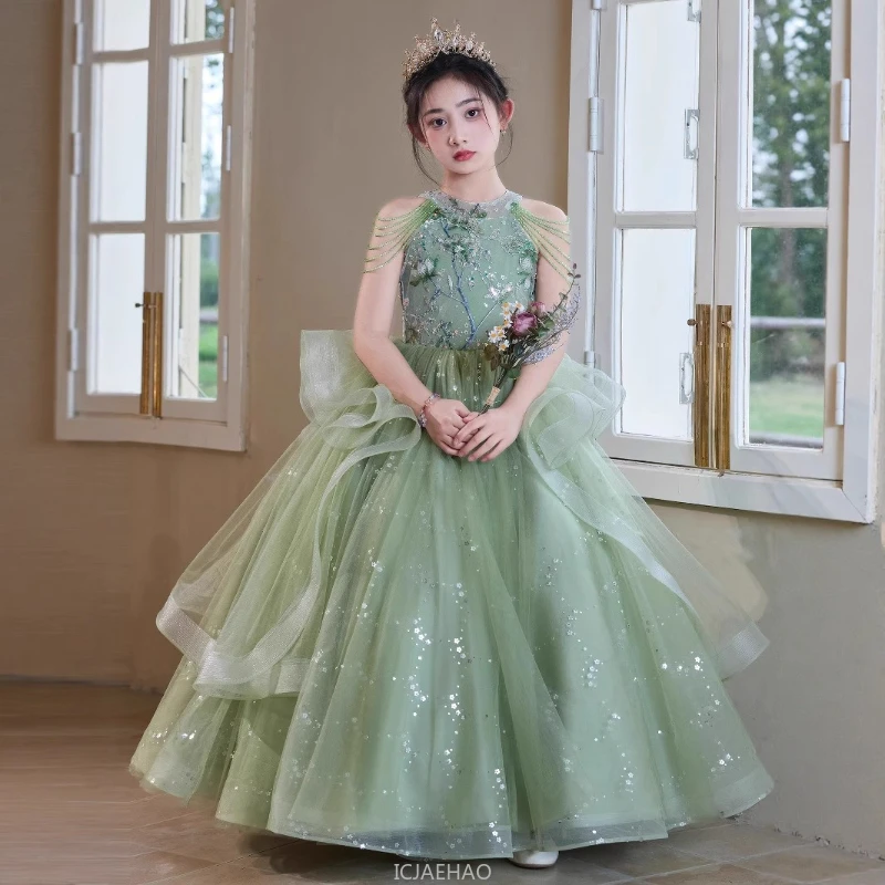 Teen Girl Clothes Green Girls Princess Dress Kids Pageant Host Gown Birthday Party Outfit Piano Recital Performance Formal Wear