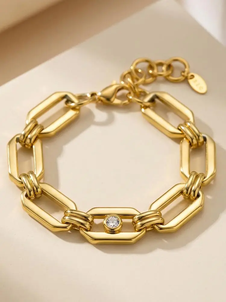18K Gold Plated Stainless Steel Bracelet for Women, Handmade Geometric Paperclip Chain Link with Cubic Zirconia Stone Jewelry