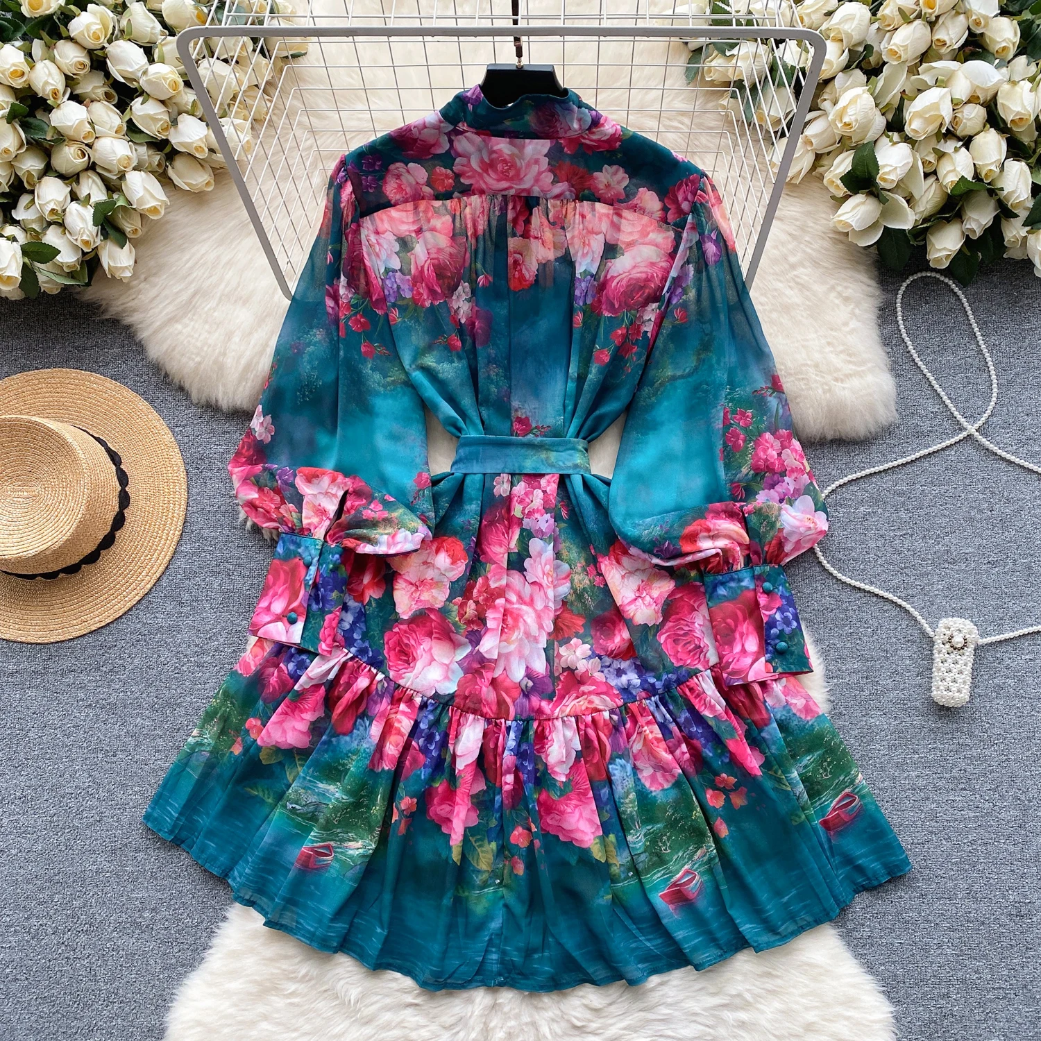 Imagem -03 - Vestido Curto Vintage Feminino com Decote em v Ataduras Florais Patchwork Estampado Mangas Compridas Moda Casual Outono