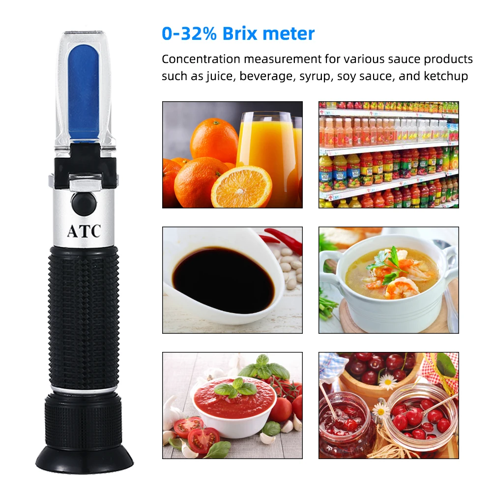 Handheld Refractometer Sugar Concentration Meter Densimeter 0-32% Brix Saccharimeter Tester Fruits Grapes ATC