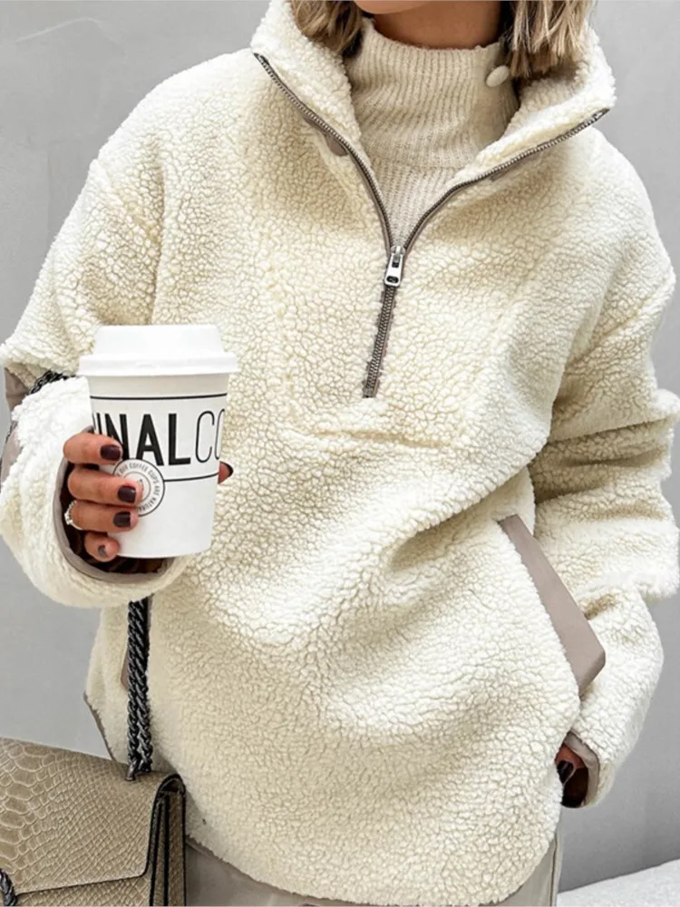 

Plush Loose Stand Collar Pullover Sweatshirt For Women Women's Polar Fleece Solid Color Keep Warm Commuting Comfortable Trendy
