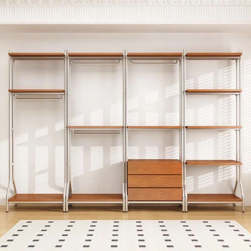 Open wardrobe Nordic wrought iron walk-in hanger floor loft metal cloakroom shelf solid wood wardrobe