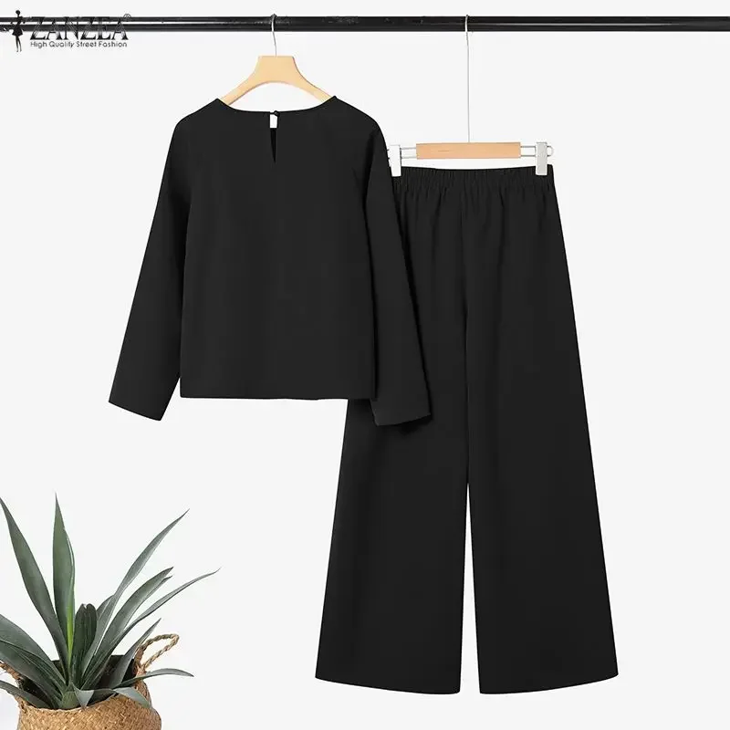 

ZANZEA модные повседневные топы с длинными рукавами и брюки, женские осенне-весенние комплекты из 2 предметов, однотонный спортивный костюм, офисные наряды, брючный костюм