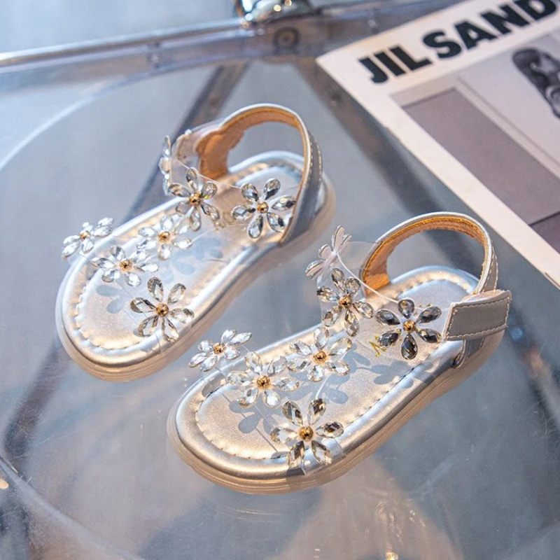 Sapatos femininos de princesa de cristal, sapatos de praia com strass infantil, sapatos antiderrapantes de cinta no tornozelo, sandálias infantis, verão, 2024