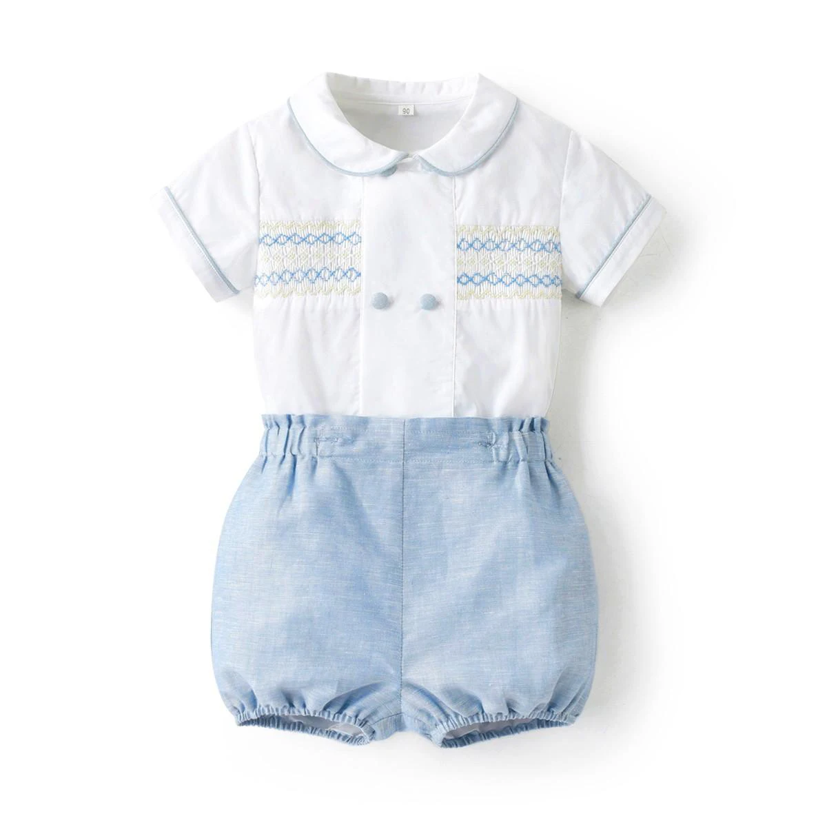 

2024 New Baby Boy Spanish Clothes Set Children Hand Made Smocking Shirt Peter Pan Collar Toddler Denim Cotton Shorts