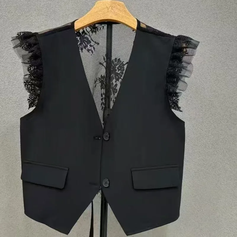 Women's 2026 Summer New Design Lace Trim Backless Sleeveless Vest Blazer Elegant Chic Y2K Korean Office Layering Top