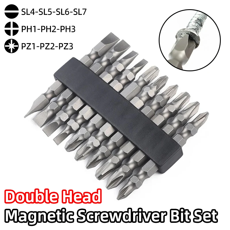 10Pcs Slotted Phillips Pozidriv Double Head Screwdriver Bit Set Flat Cross Head Hand Tools S2 Magnetic Screwdrivers Drill Bits