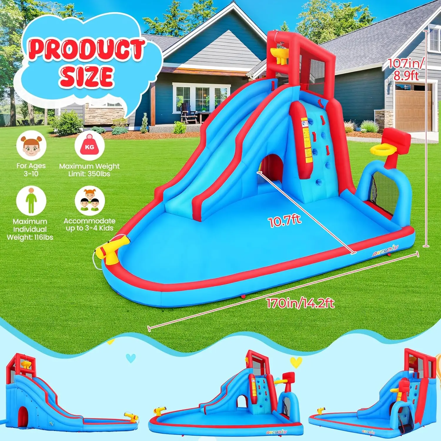 Opblaasbare waterglijbaan voor kinderen in de achtertuin, 14,2 ft waterglijbaan Park Bounce House met groot zwembad, glijbaan, voetbalveld, dumpemmer, obst