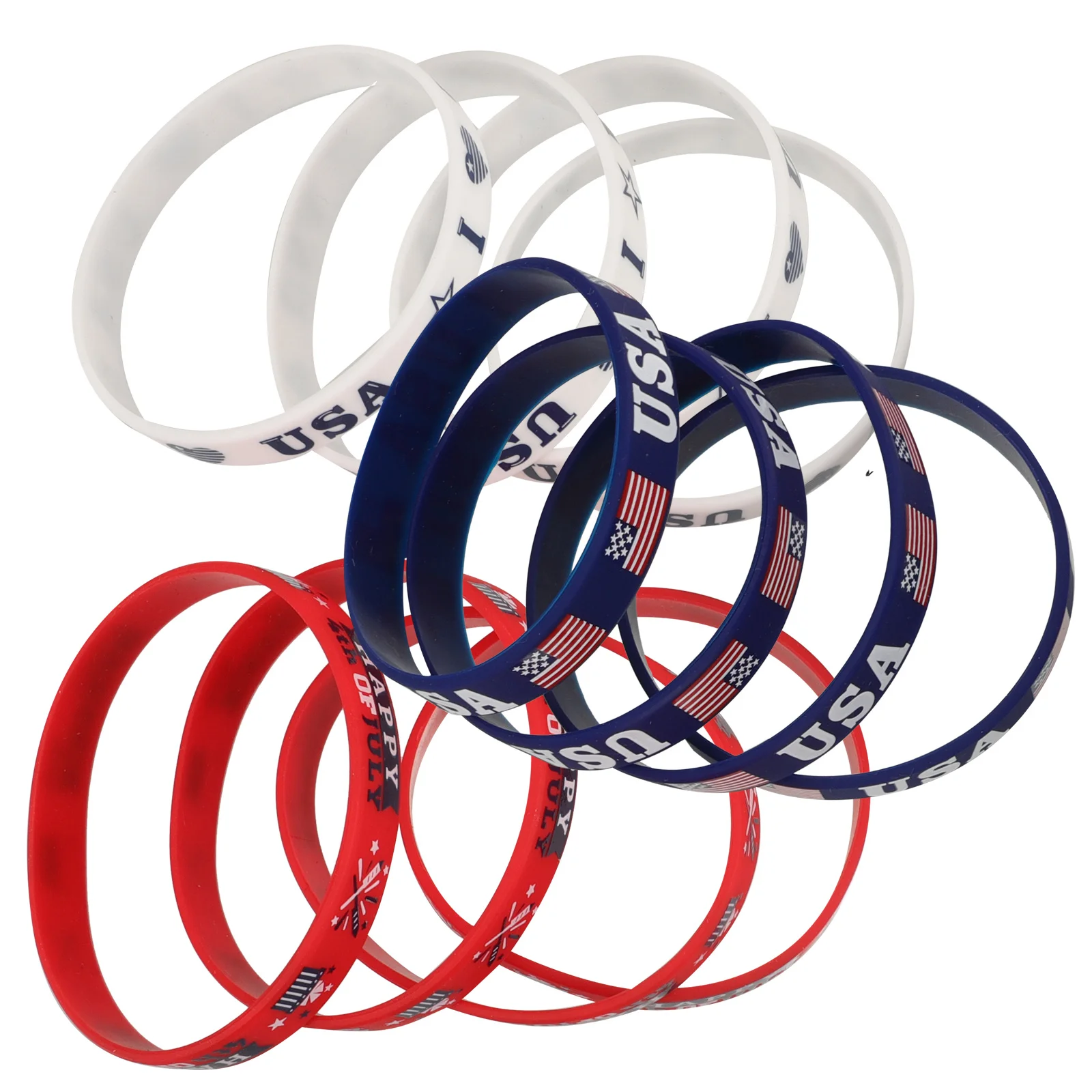 

12Pcs Usa Hand Bracelet Independence Day Party Silicone Wristband Patriotic Theme Reusable Wristband Festival Accessory