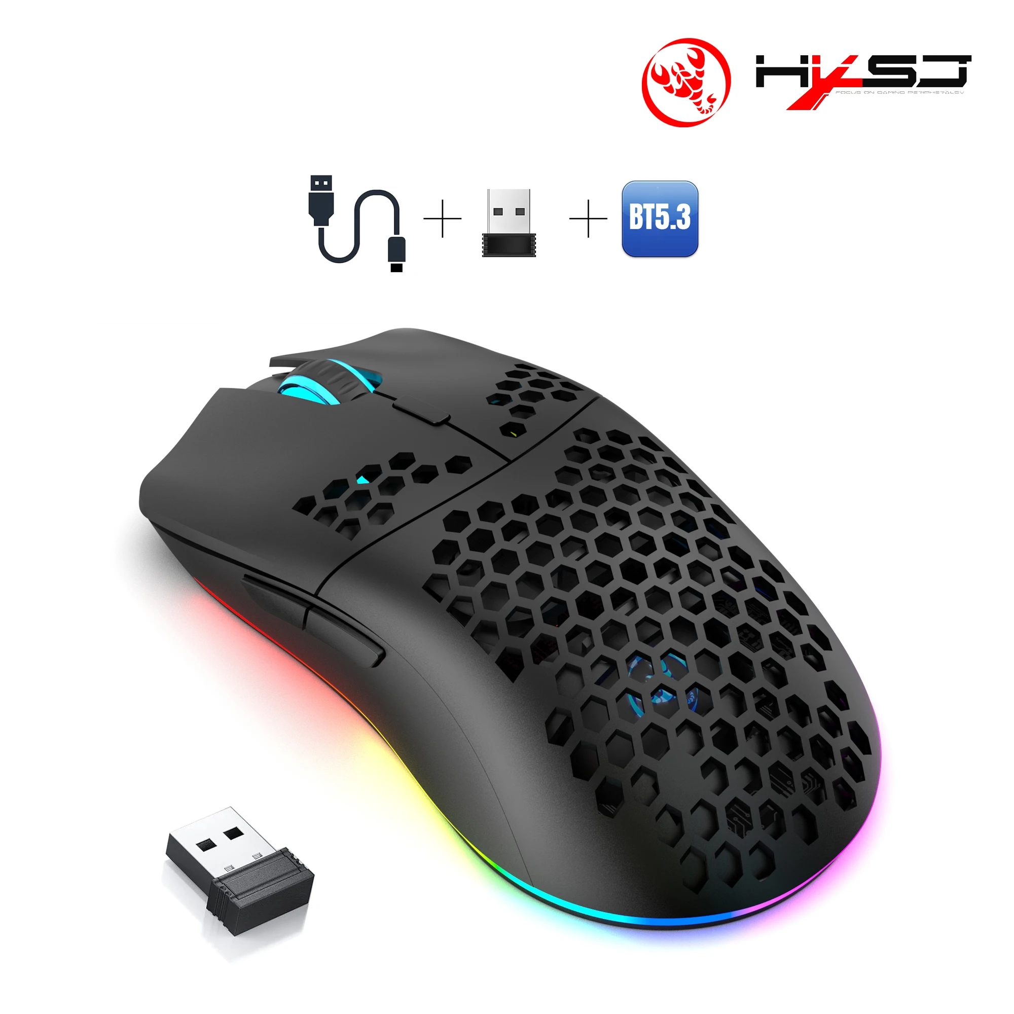 HXSJ T66 3-Modus 10000DPI Gaming Kabellose Maus RGB Leuchtend 650mAh Wiederaufladbar 6 Tasten Makro-Programmierbare Mäuse für PC Desktop
