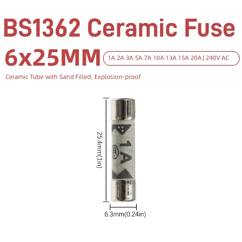 10/30/50PCS BS1362 Ceramic Fuse 6X25mm 240V AC 1A 2A 3A 5A 7A 10A 13A 15A 20A British Plug Cartridge Fuse For UK Household Plug
