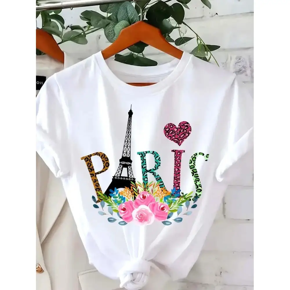 

[Trebalena Graphic Tee]Comfortable Women's Oversized Print T-shirt Paris Eiffel Tower Leopard Print Floral T-Shirt for Women
