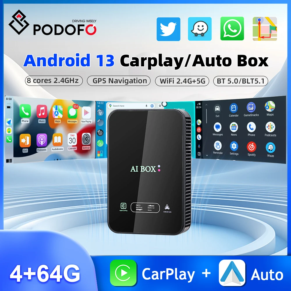 

Podofo 4+64G Android 13 Carplay Box 8 Cores 2.4GHz Wireless Carplay Android Auto Box WIFI Bluetooth GPS Carplay AI Box For Car