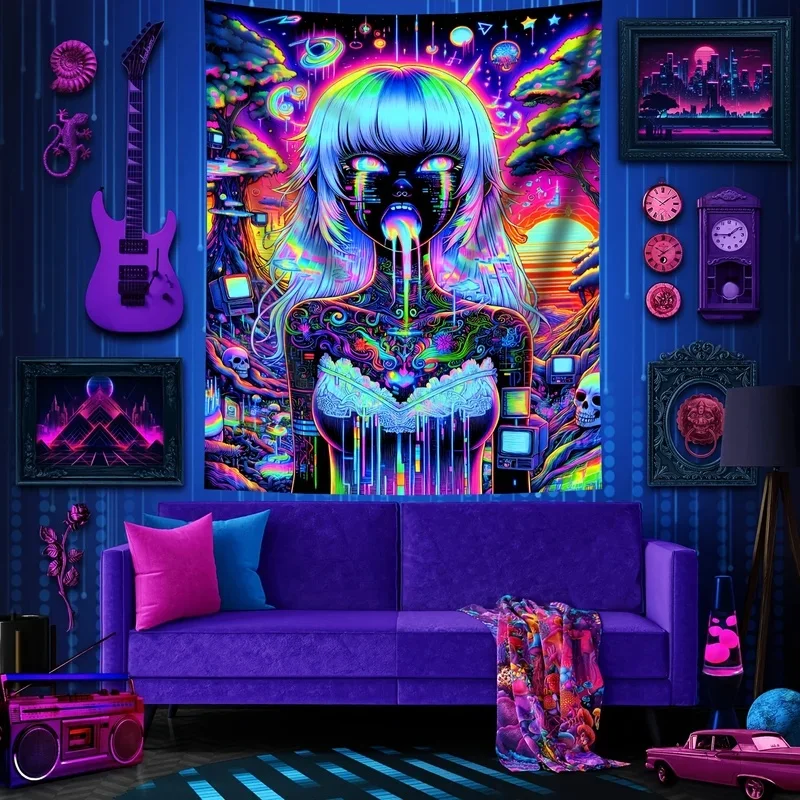 VIKAMA Psychedelic Anime Girl Tapestry, UV Blacklight Cyber Space Skeleton Wall Hanging, Trippy Neon Room Wall Decor