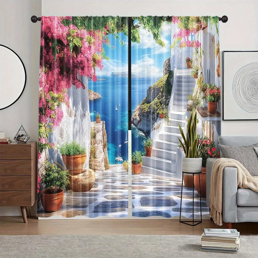 Tropical Ocean View Curtains Beach Floral Resort Window Panels Bohemian Nature Print Waterproof Home Decor Drapery