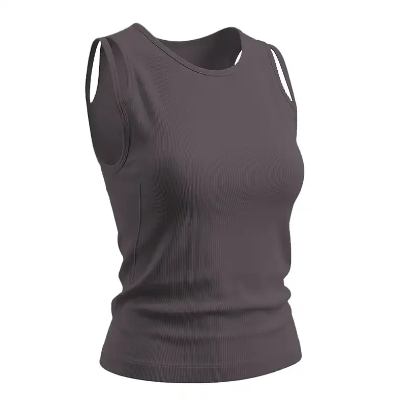Slim Women Summer Seamless Ribbed Yoga Tank Built-in Pads Breathable Quick Dry Gym Daily Tops S-3XL