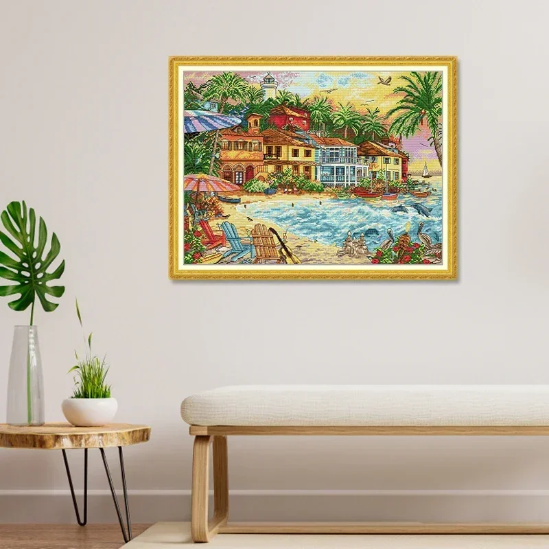 

Joy Sunday Seaside View Cross Stitch Embroidery Kit Aida 16/14/11CT Counted Printed Canvas Fabric DIY Hand Needle Kit Home Decor