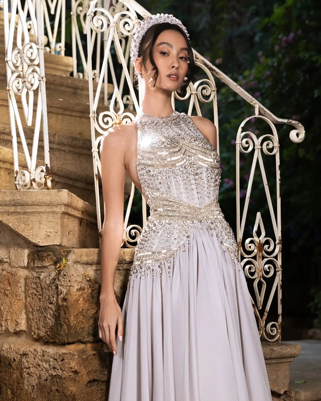 

Ofherown Grey Halter Evening Gown with Hand-Beaded Bodice Flowy Chiffon Elegant A-Line Formal Prom Dress for Women Customized