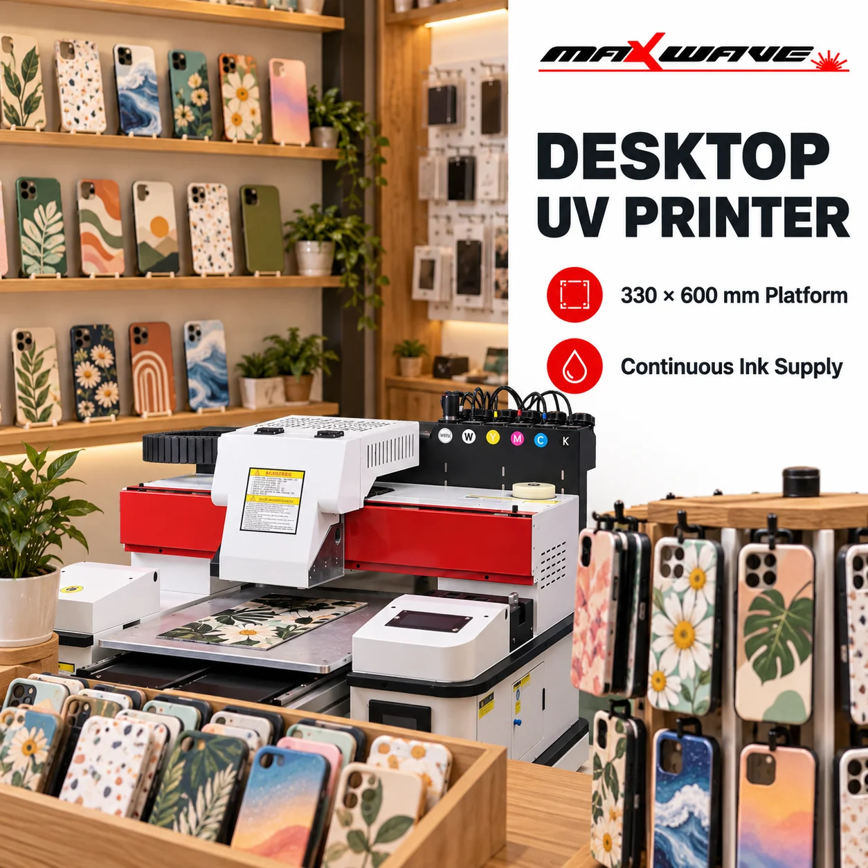 Compact UV Printer with Continuous Ink Supply for Phone Cases and Small Gifts