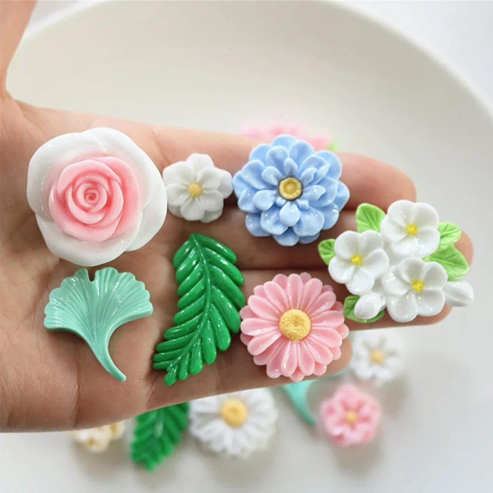 10PCS Shiny Leaves Flowers Series Miniature Flat Back Resin Cabochons For Hairpin Scrapbooking DIY Home Decor Craft Accessories