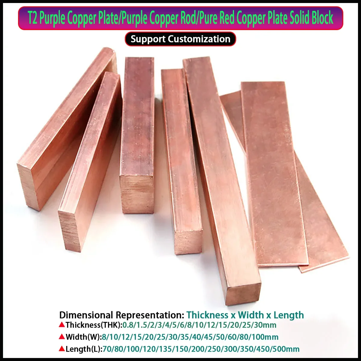 

T2 Red Copper Busbars Purple Copper Flat Bar Plate Strip Customized, Thickness 0.8-30mm Width 8-100mm Length70-500mm