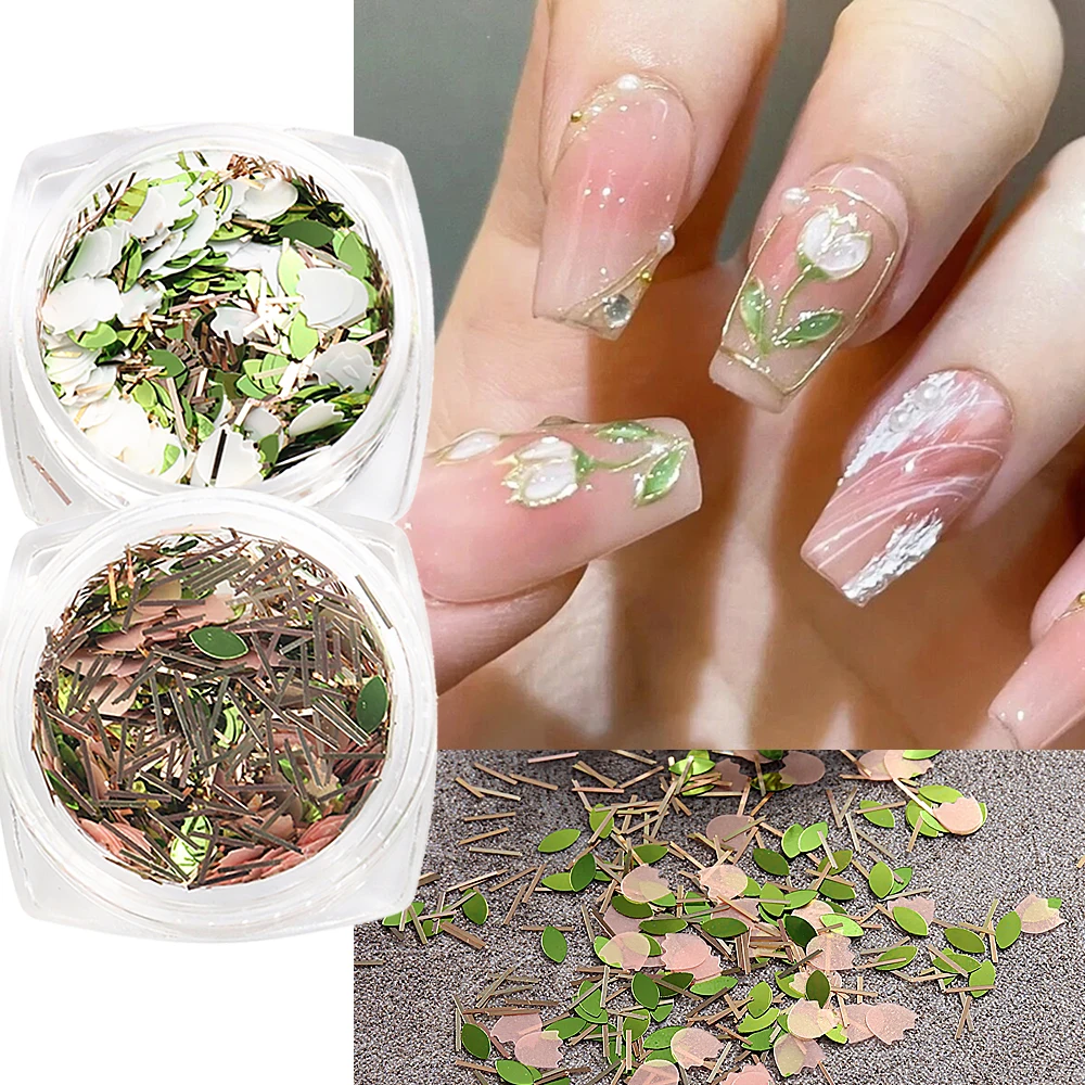 Roze Tulp Nail Art Pailletten Bloem Bladlijnen Vorm Vlok Holografische Nagel Gemengde Papierresten Diy Manicure Decoratie Nlyjx01