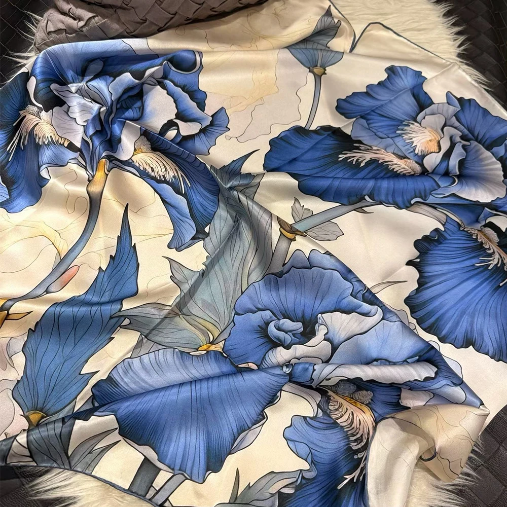 [BYSIFA] Blue White Women 100% Silk Scarf Shawl Spring Fall Square Silk Head Wrap for Hair Winter Fashion Brand Scarves Hijabs